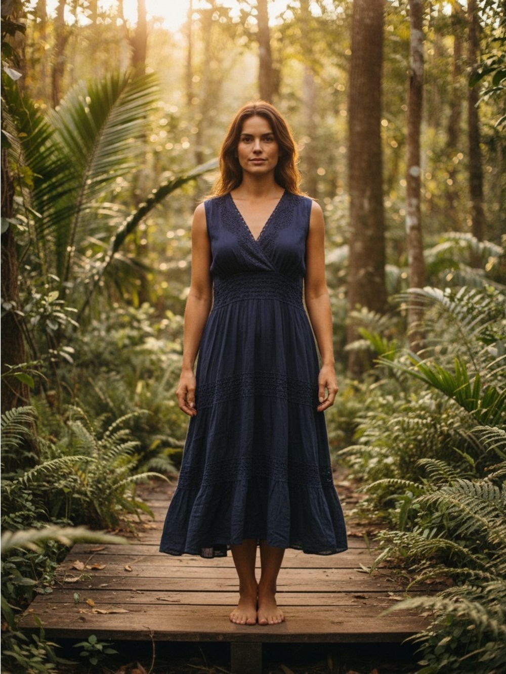 NorthStyle Navy V-Neck Smocked Waist Tiered Midi Dress